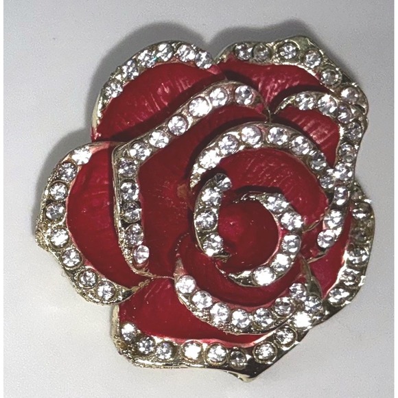 Source Unknown Jewelry - Red Rose Enamel Rhinestone Brooch Pin Gold-Tone 1.25" Floral Statement